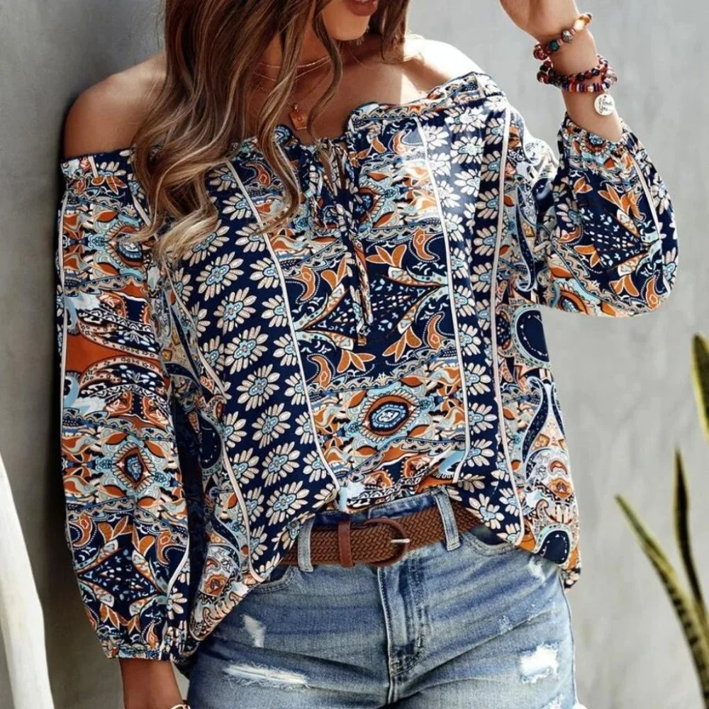 Boho Floral Print Off Shoulder Blouse blue - Picture 2 of 4